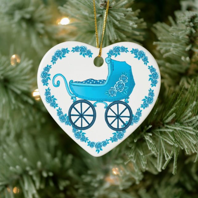 Blue Baby Buggy Heart Ceramic Ornament (Tree)