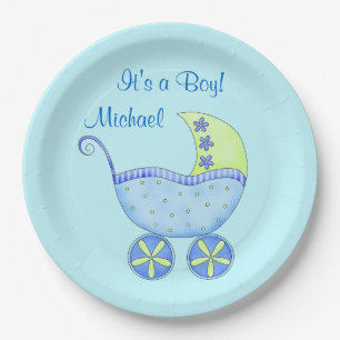 Blue Baby Buggy Its a Boy Name Personalized Paper Plate