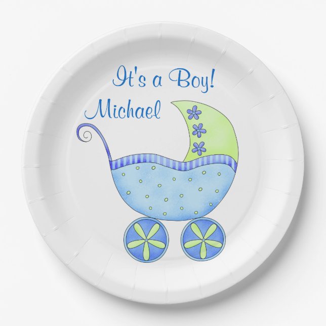Blue Baby Buggy Its a Boy Name Personalized Paper Plate (Front)