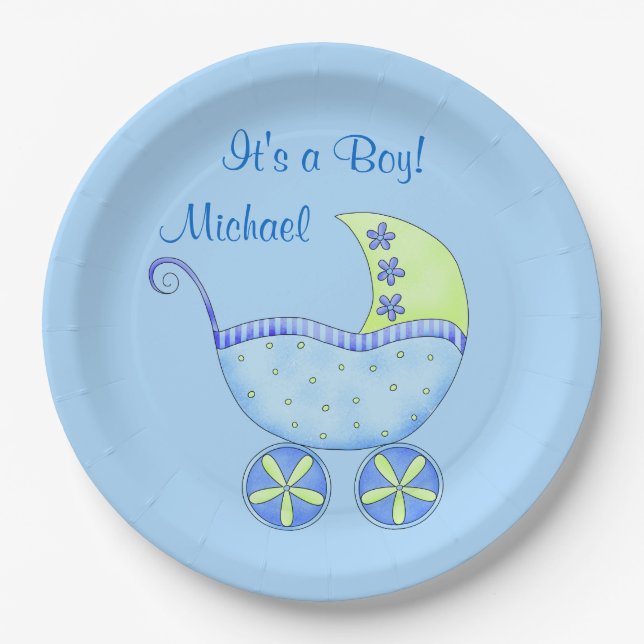 Blue Baby Buggy Its a Boy Name Personalized Paper Plate (Front)