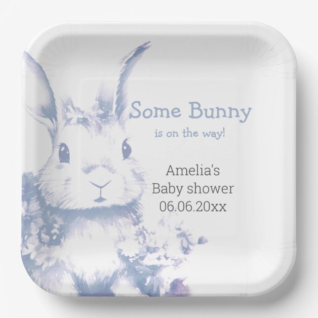 Blue Baby Bunny Baby Shower  Paper Plate (Front)