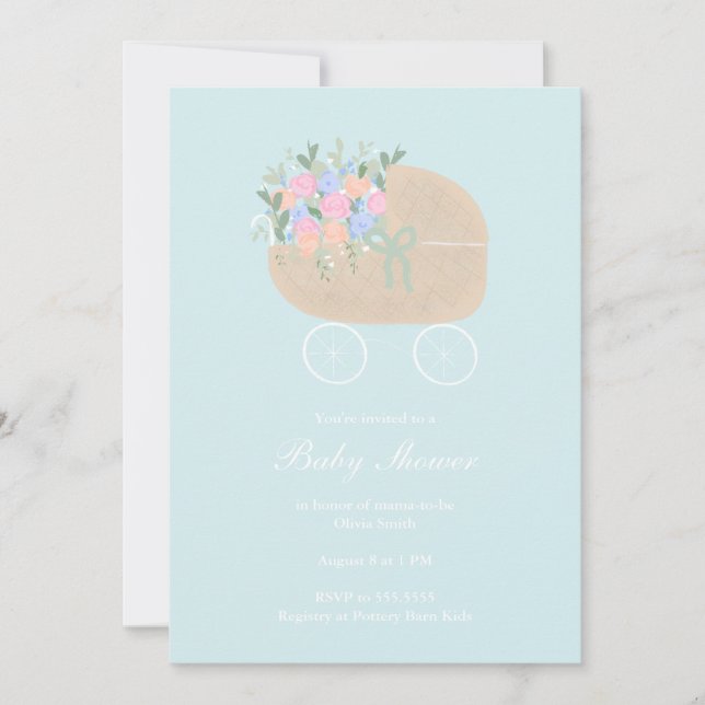 Blue Baby Carriage Baby Shower Invitation (Front)