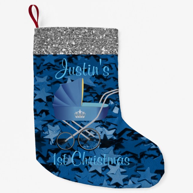 Blue Baby Carriage & Stars Silver Faux Glitter Small Christmas Stocking (Front)