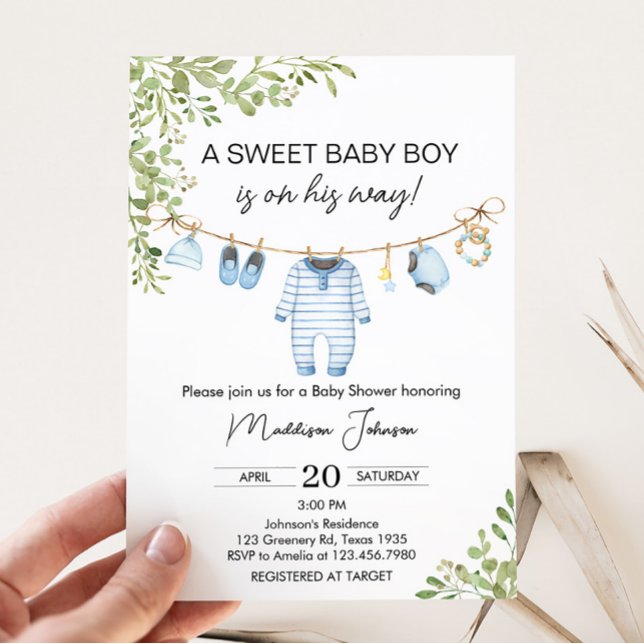 Blue Baby Clothes Baby Shower Invitation (Boho Baby Clothes Baby Shower Invitation)