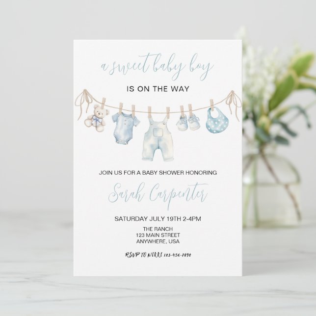Blue Baby Clothes  Boy Baby shower Invitation (Standing Front)