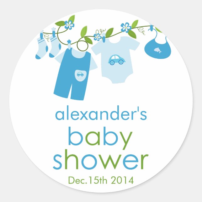 Blue Baby Clothesline Baby Shower Sticker (Front)