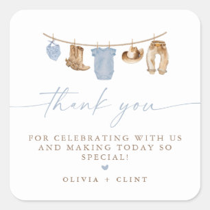 Blue Baby Clothesline Little Cowboy Baby Shower Square Sticker