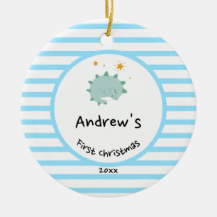 Blue Baby Dino   First Christmas Baby Blue Stripe Ceramic Ornament