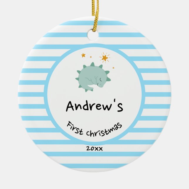 Blue Baby Dino | First Christmas Baby Blue Stripe Ceramic Ornament (Front)
