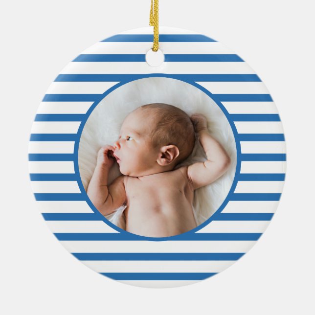 Blue Baby Dino | First Christmas Blue Stripe Chic Ceramic Ornament (Back)