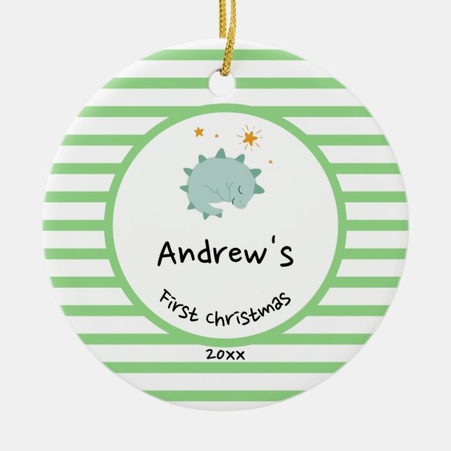 Blue Baby Dino | First Christmas Green Stripe Ceramic Ornament (Front)