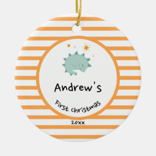 Blue Baby Dino   First Christmas Orange Stripe Ceramic Ornament