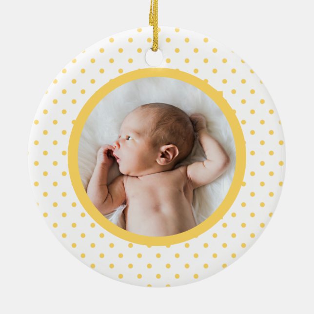 Blue Baby Dino | First Christmas Yellow Polka Dot Ceramic Ornament (Back)