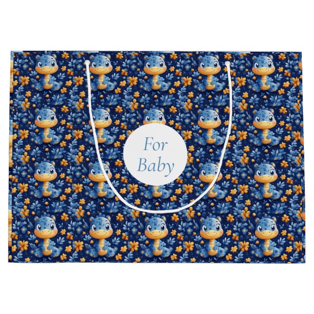 Blue Baby Dinosaur Yellow  & Blue Flowers Large Gift Bag (Front)