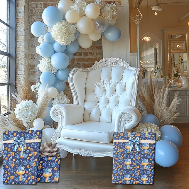 Blue Baby Dinosaur Yellow  & Blue Flowers Wrapping Paper (Creator Uploaded)