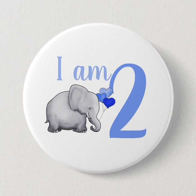Blue Baby Elephant Custom Name & Age 2nd Birthday 3 Inch Round Button (Front)