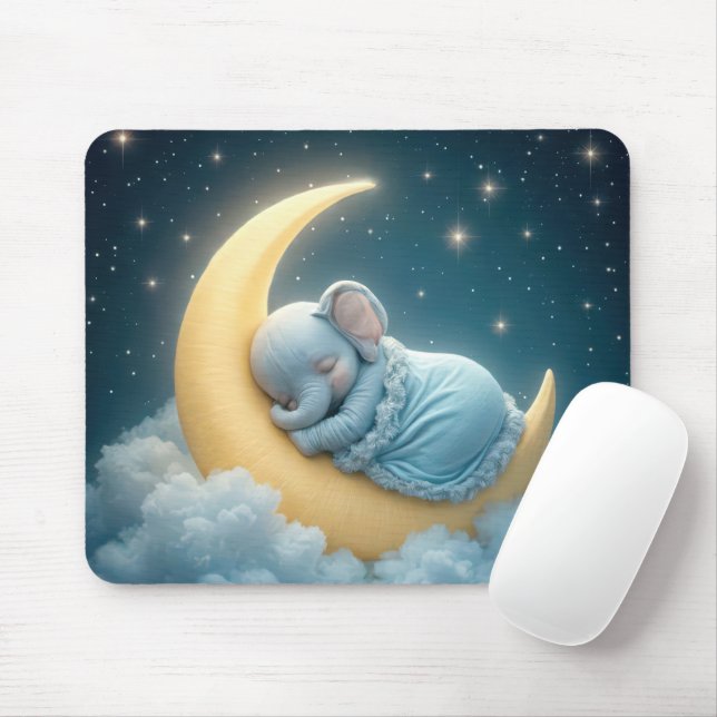 Blue Baby Elephant on Crescent Moon Mouse Pad (With Mouse)