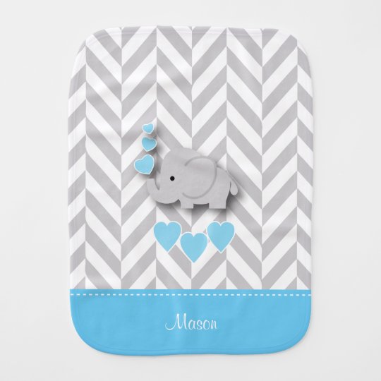 Blue Baby Elephant on Grey Chevron Pattern Burp Cloth