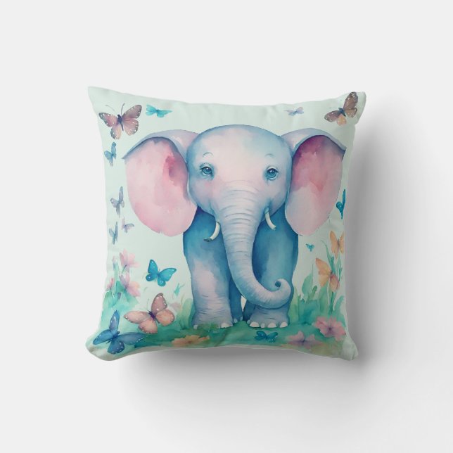 Blue Baby Elephant Throw Pillow (Front)