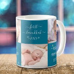 Blue Baby First Hanukkah New Mom Dad 4 Photo Name Coffee Mug<br><div class="desc">“First Hanukkah.” A playful grid of 4 personalized photos of your choice and white handwritten script typography and snowflakes overlaying a teal blue background, helps the proud parents usher in Hanukkah and New Year. Feel the warmth and joy of the holiday season whenever they use this stylish and modern personalized...</div>