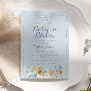 Blue Baby in Bloom Bow Wildflower Boy Baby Shower Invitation