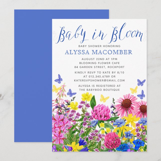 Blue Baby in Bloom Floral Baby Shower Invitation (Front/Back)