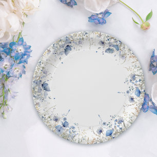 Blue Baby In Bloom Floral Wildflower Baby Shower Paper Plate