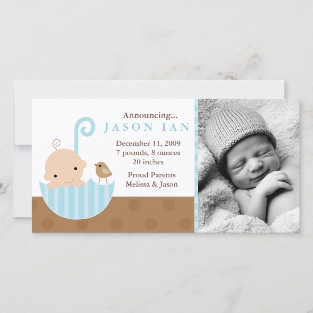 Blue Baby in Umbrella Birth Announcements (Front)