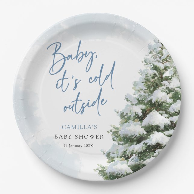Blue Baby It's Cold Outside Baby Shower Paper Plate (Front)