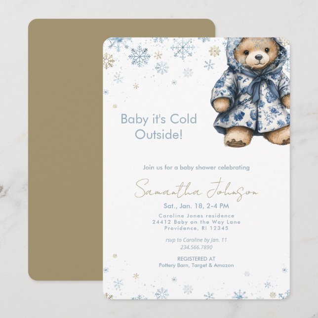 Blue Baby It's Cold Outside Teddy Bear Invitation (Front/Back)
