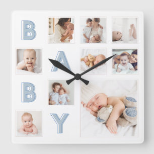 Blue Baby Letters Newborn Baby Photo Grid Collage Square Wall Clock