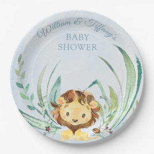 Blue Baby Lion Cub Dusty Blue Baby Shower Paper Plate