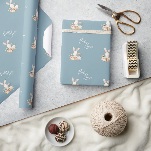 Blue Baby Love Script Elegant Baby Shower  Wrapping Paper (Crafts)