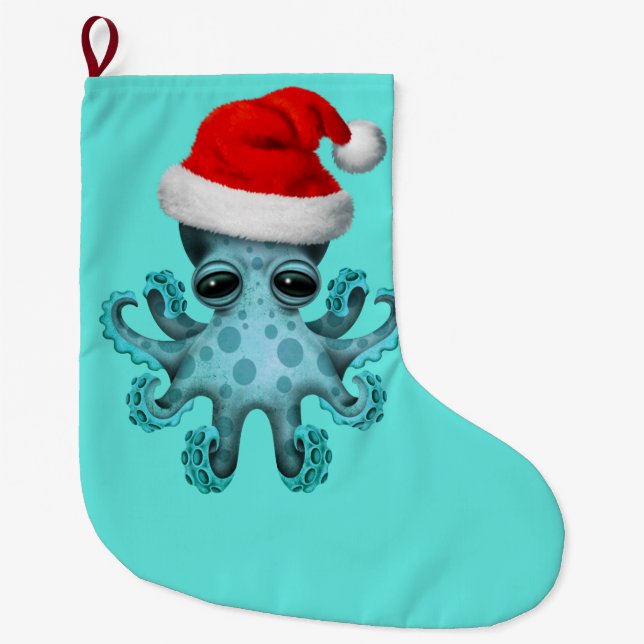 Blue Baby Octopus Wearing a Santa Hat Large Christmas Stocking (Front)