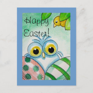 BLUE BABY OWL HAPPY EASTER Postcard