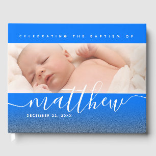 Blue Baby Photo Baptism Christening Cross Glitter Guest Book