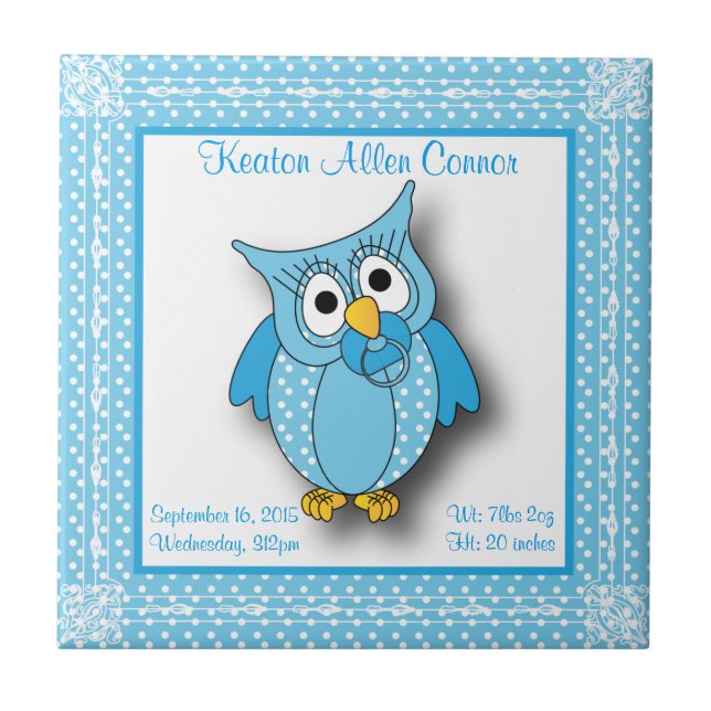 Blue Baby Polka Dotted Owl Tile (Front)