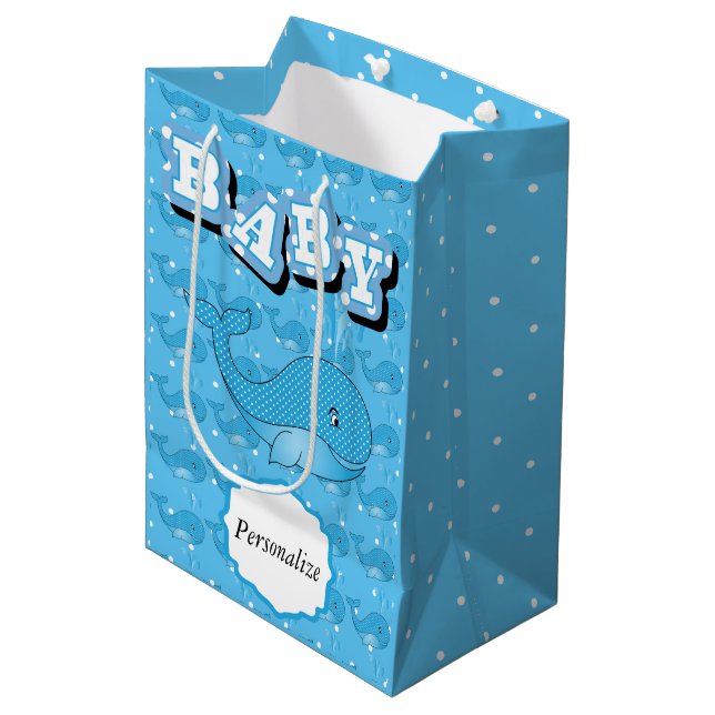 Blue Baby Polka Dotted Whale Medium Gift Bag (Front Angled)