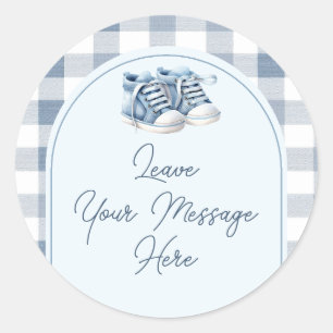 Blue Baby Shoes Gingham Baby Shower Your Message Classic Round Sticker