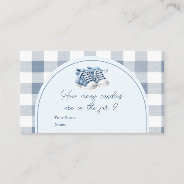 Blue Baby Shoes Gingham Booties How Many Candies Enclosure Card (Front)