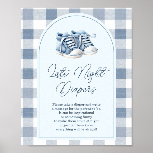 Blue Baby Shoes Gingham Booties Late Night Diapers Poster (Front)