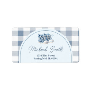 Blue Baby Shoes Gingham Boy Baby Shower Address Label