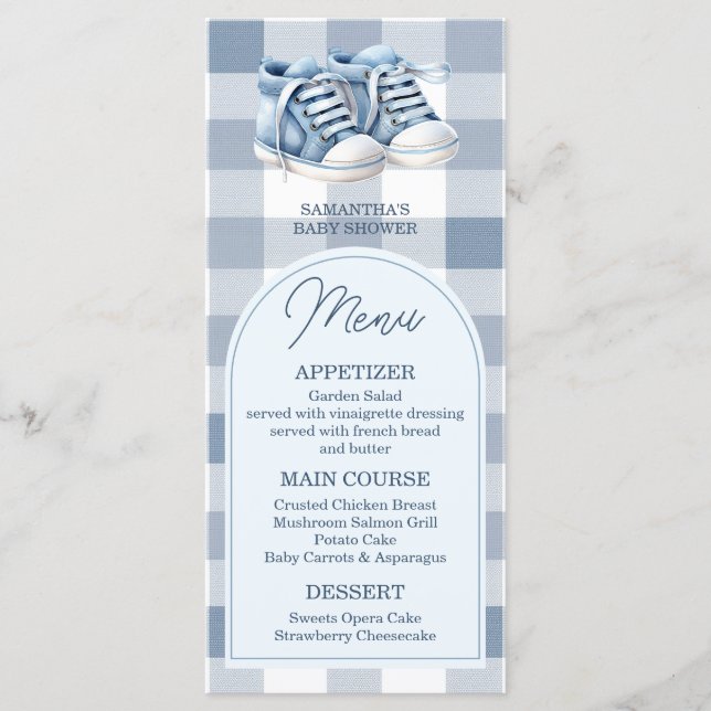 Blue Baby Shoes Gingham Boy Booties Baby Shower Menu (Front)