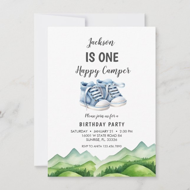 Blue Baby Shoes Little Camper Birthday Invitation (Front)