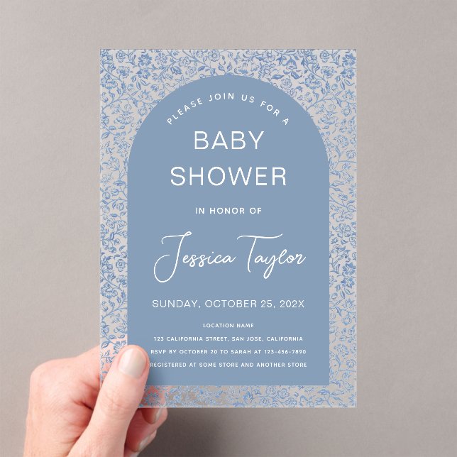  Blue Baby Shower Boy Arch Floral Pattern & Script Acrylic Invitations (Insitu (Handheld))