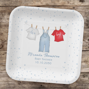 Blue Baby Shower Cute Clothesline Paper Plate