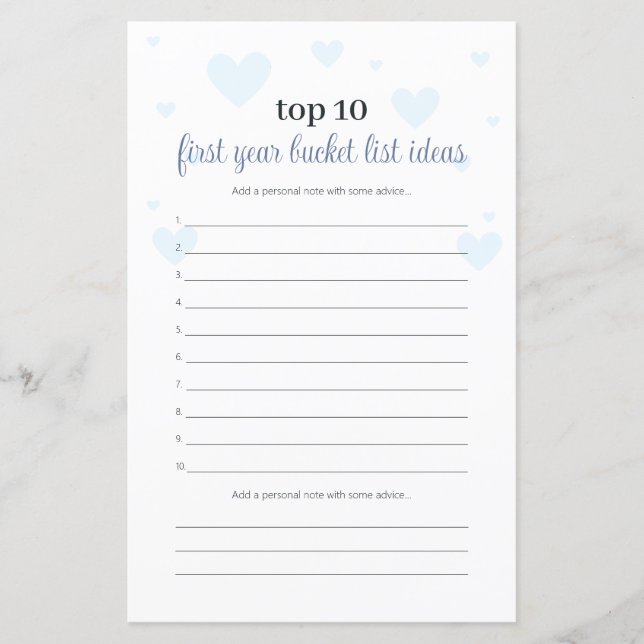 Blue Baby Shower Game Advice For Baby's First Year (Front)