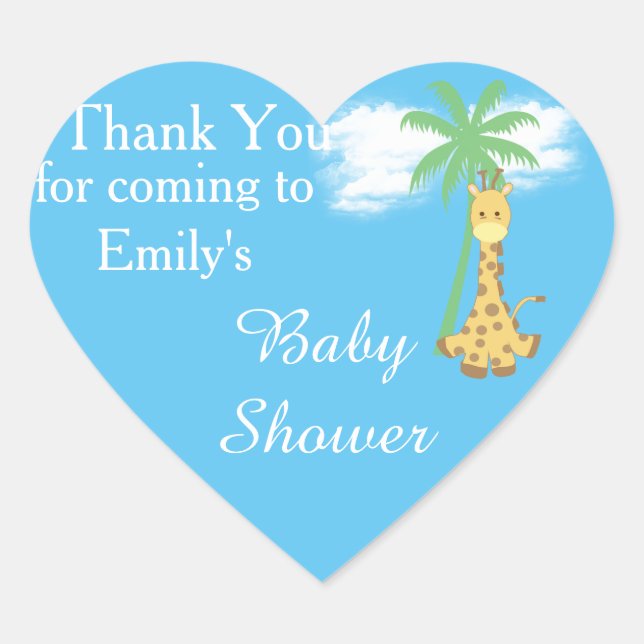 Blue baby shower giraffe thank you stickers (Front)