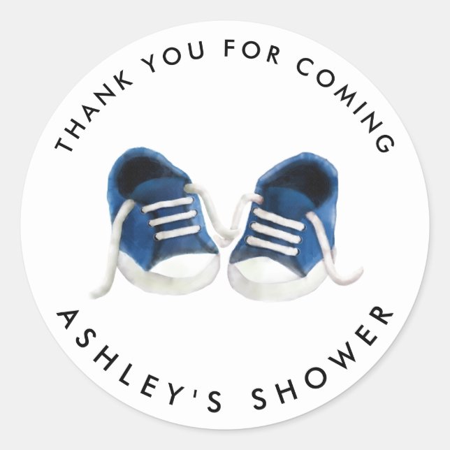 Blue Baby Sneakers Baby Shower Sticker, Gift Tag (Front)