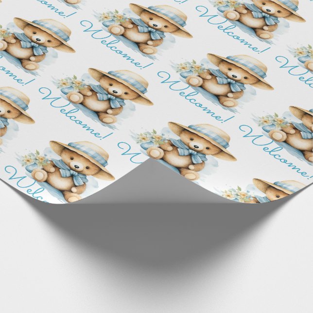 Blue Baby Welcome Teddy Bear Gift Wrapping Paper (Corner)